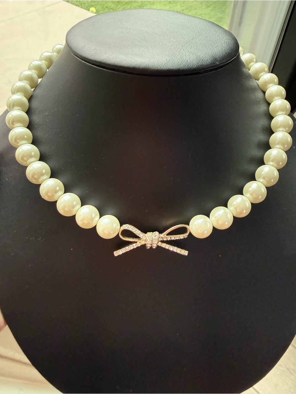Vintage Faux Pearl Necklace with Rhinestone Bow Clasp Gold Tone